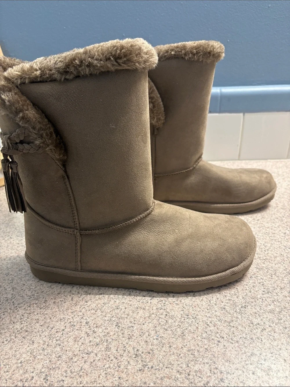 Arizona Jean Company Taupe Faux-Suede Fur-Trim Tassel Short Boots